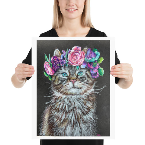 Flower Crown Cat Drawing Print